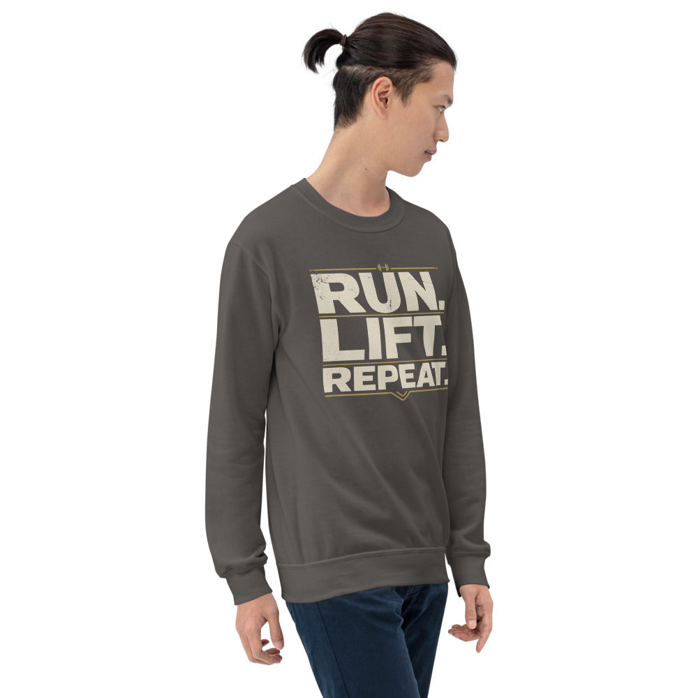 Run Lift Repeat vintage athletic crewneck sweatshirt — Charcoal, on model