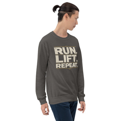 Run Lift Repeat vintage athletic crewneck sweatshirt — Charcoal, on model
