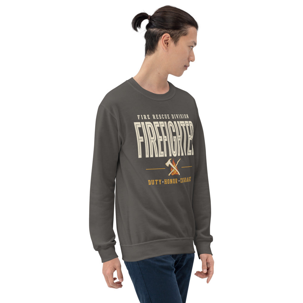 Firefighter collegiate wordmark retro fire-rescue crewneck sweatshirt — Charcoal, on model