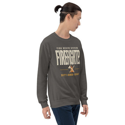 Firefighter collegiate wordmark retro fire-rescue crewneck sweatshirt — Charcoal, on model