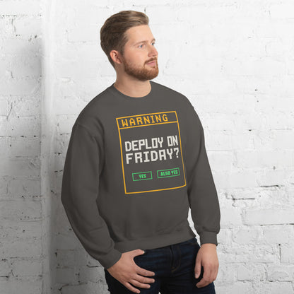 Deploy On Friday programmer crewneck — Charcoal, on model