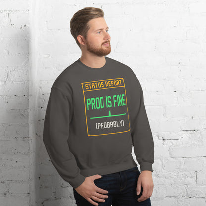 Prod Is Fine programmer crewneck — Charcoal, on model