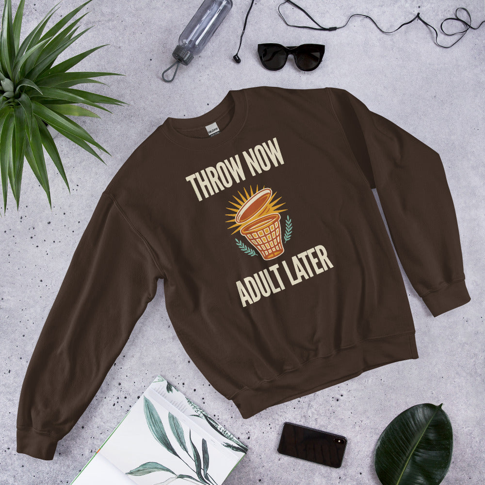 Throw Now Adult Later disc golf retro crewneck sweatshirt — Dark Chocolate, front angle