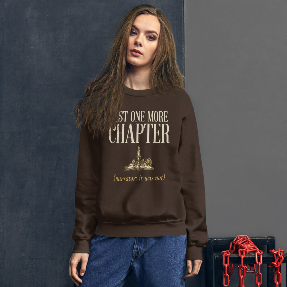 Model wearing the Just One More Chapter book lover crewneck — Dark Chocolate