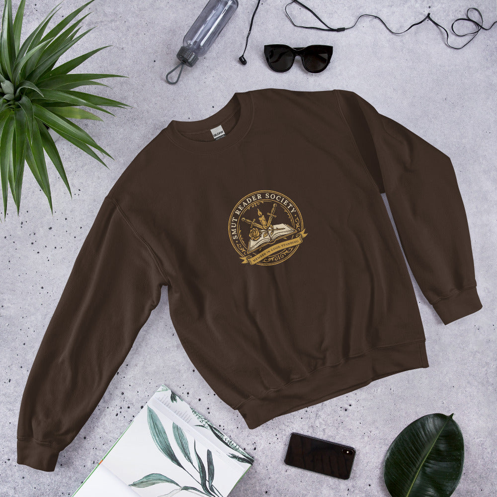 Smut Reader Society book lover dark academia crewneck sweatshirt — Dark Chocolate, front angled
