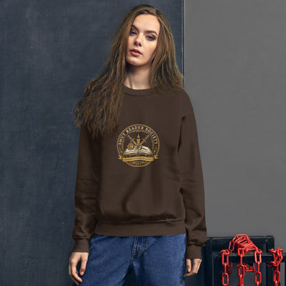 Smut Reader Society book lover dark academia crewneck sweatshirt — Dark Chocolate, on model