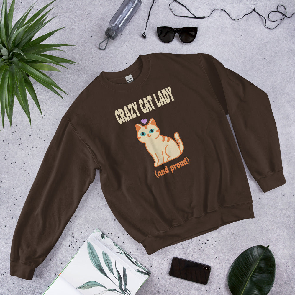 Crazy Cat Lady and Proud retro Y2K crewneck sweatshirt — Dark Chocolate, front angled