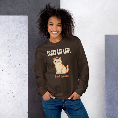 Crazy Cat Lady and Proud retro Y2K crewneck sweatshirt — Dark Chocolate, on model