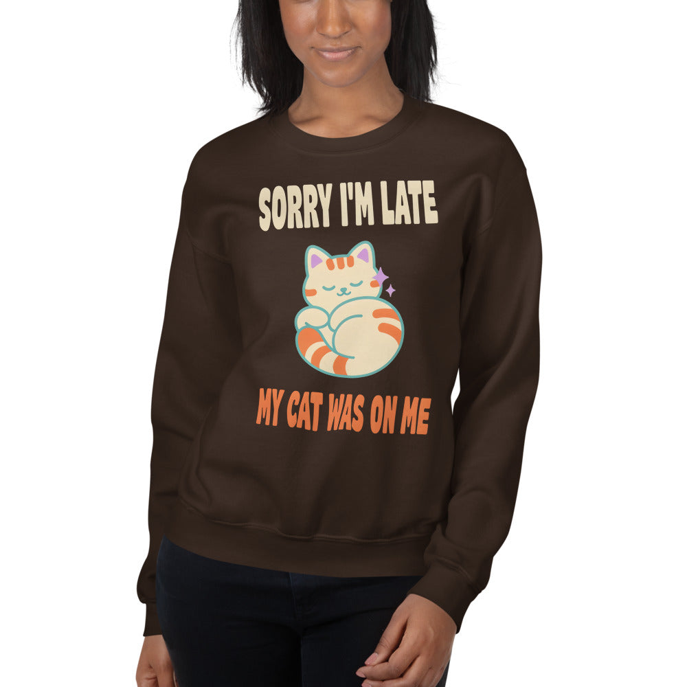 Sorry I'm Late My Cat Was On Me funny cat mom crewneck sweatshirt — Dark Chocolate, on model