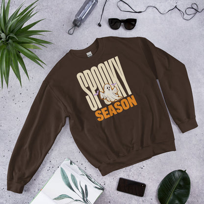 Spooky Season retro Halloween ghost typography crewneck sweatshirt — Dark Chocolate, front angled