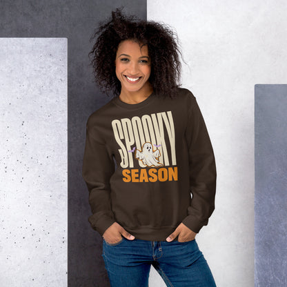 Spooky Season retro Halloween ghost typography crewneck sweatshirt — Dark Chocolate, on model