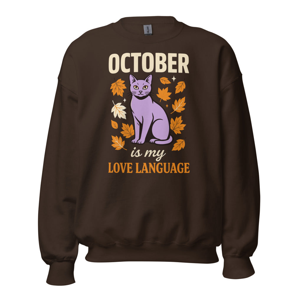October Is My Love Language retro Halloween black cat crewneck sweatshirt — Dark Chocolate, front