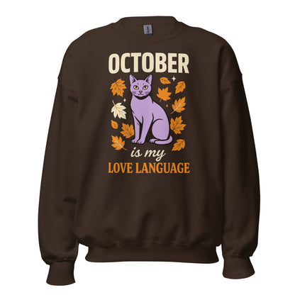 October Is My Love Language retro Halloween black cat crewneck sweatshirt — Dark Chocolate, front
