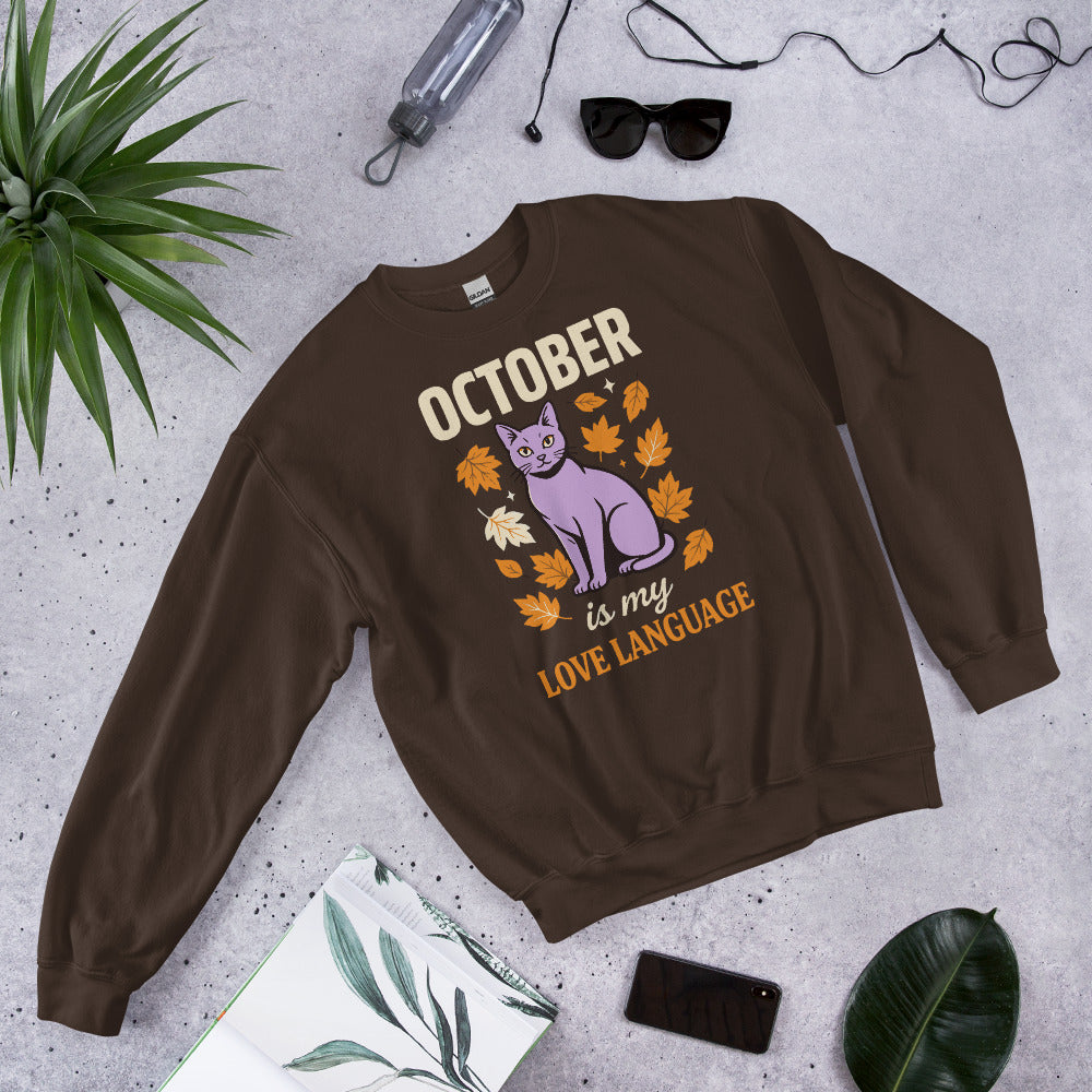 October Is My Love Language retro Halloween black cat crewneck sweatshirt — Dark Chocolate, front view