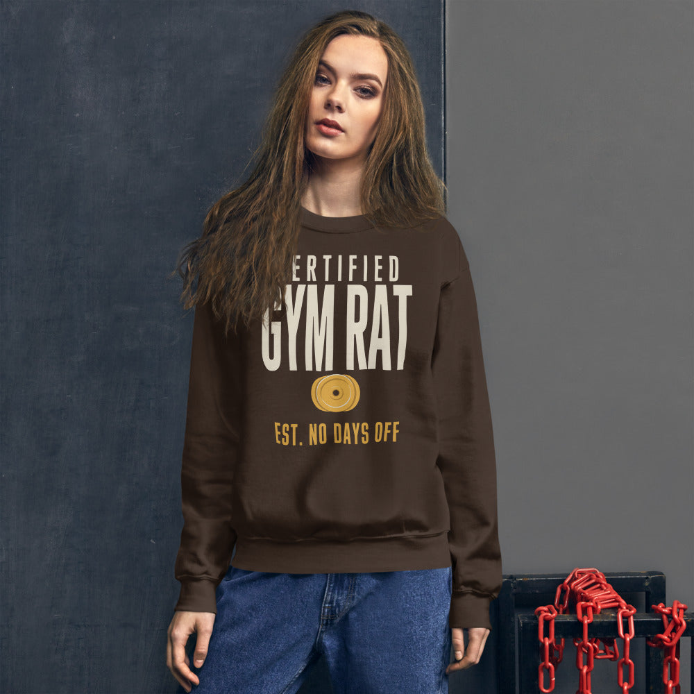 Certified Gym Rat vintage athletic crewneck sweatshirt — Dark Chocolate, on model