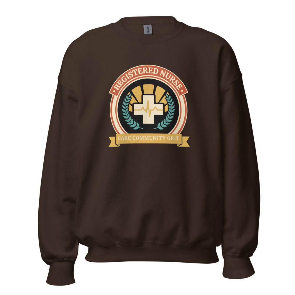 Registered Nurse vintage healthcare emblem badge crewneck sweatshirt — Dark Chocolate, front