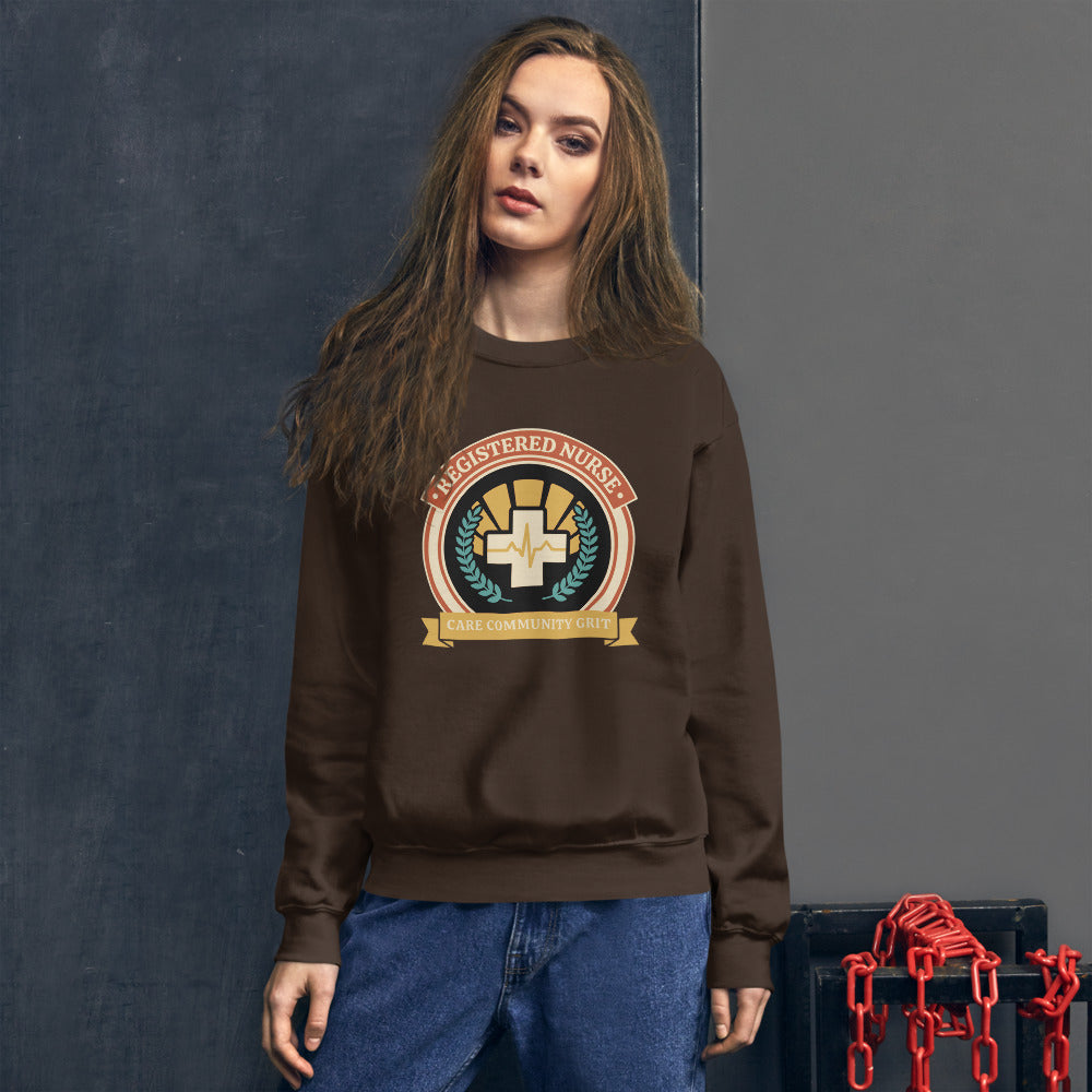 Registered Nurse vintage healthcare emblem badge crewneck sweatshirt — Dark Chocolate, on model