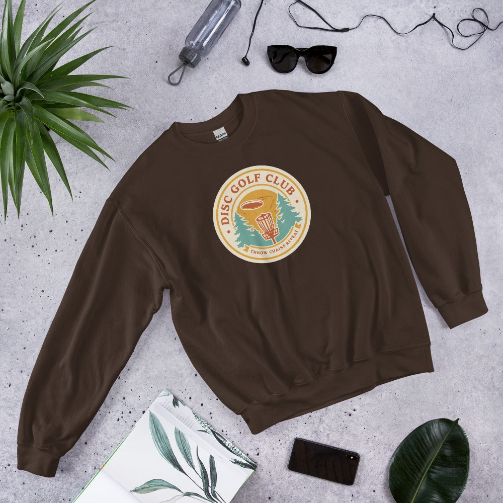 Disc Golf Club retro badge crewneck sweatshirt — Dark Chocolate, front-right