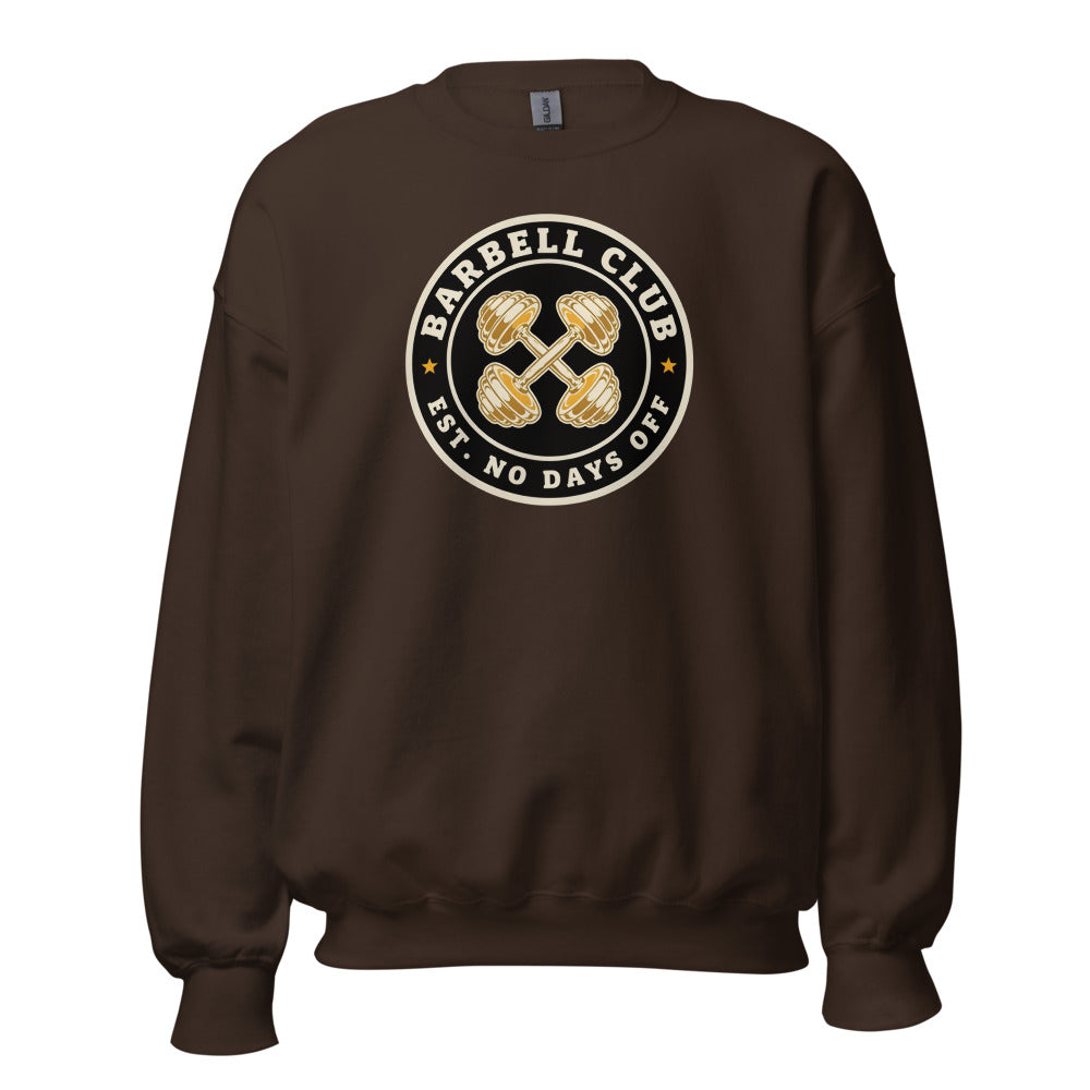 Barbell Club No Days Off vintage gym crewneck sweatshirt — Dark Chocolate, front
