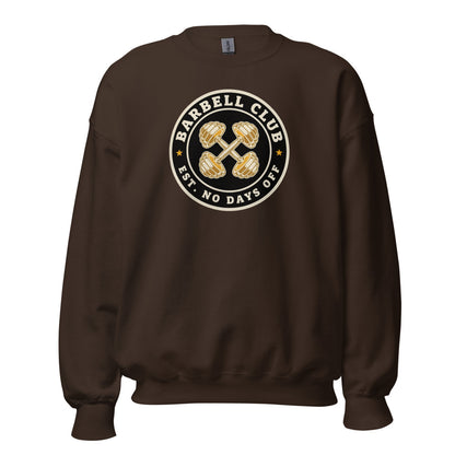 Barbell Club No Days Off vintage gym crewneck sweatshirt — Dark Chocolate, front