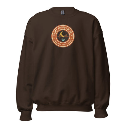 Night Shift Society retro registered nurse badge crewneck sweatshirt — Dark Chocolate, front