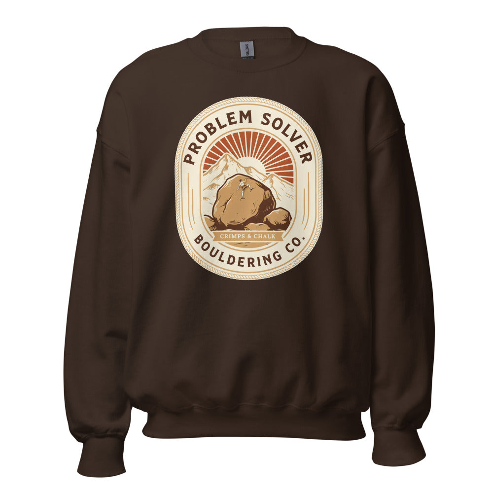 Problem Solver Bouldering Badge crewneck sweatshirt — Dark Chocolate, front
