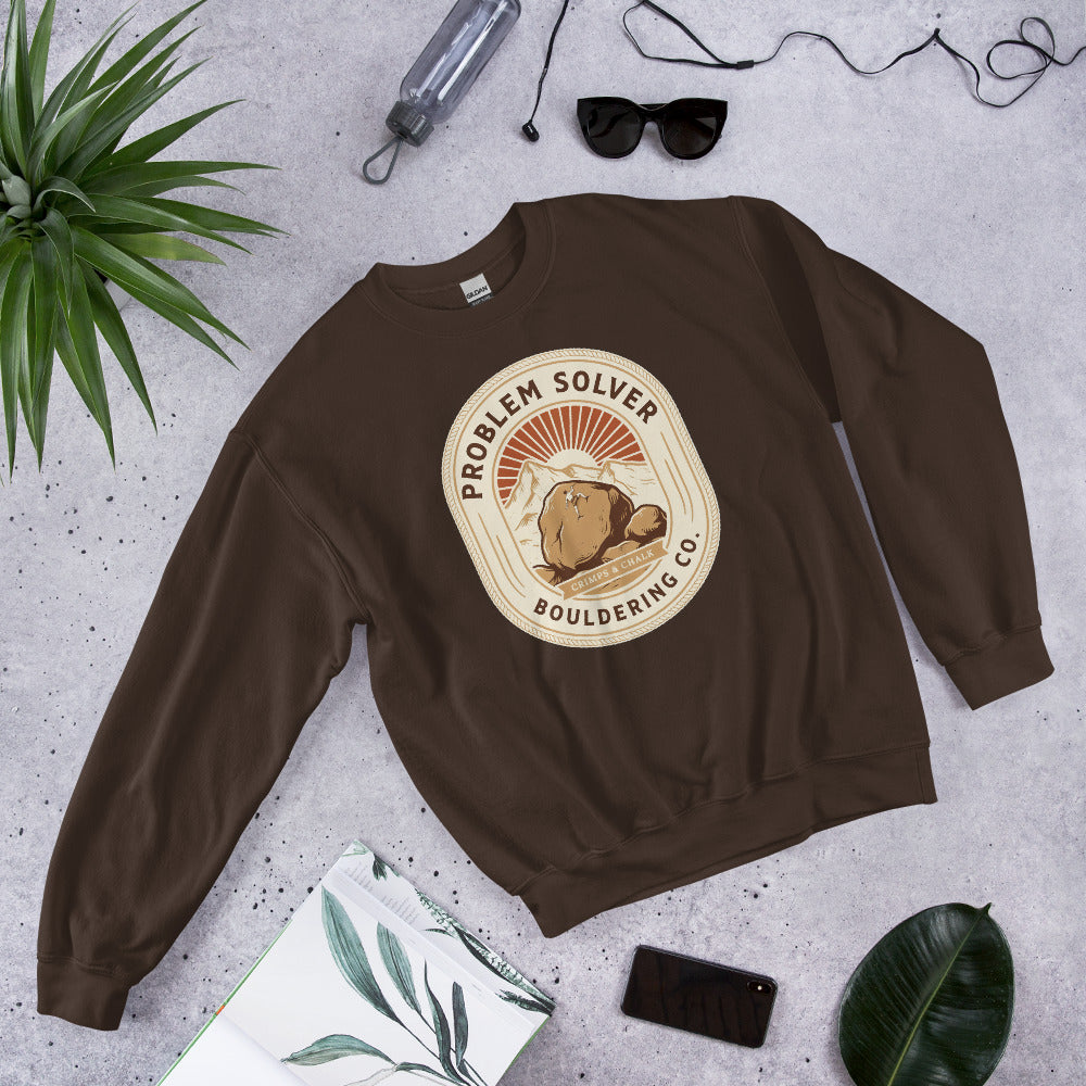 Problem Solver Bouldering Badge crewneck sweatshirt — Dark Chocolate, front-right