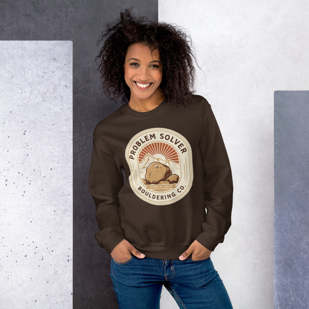 Problem Solver Bouldering Badge crewneck sweatshirt — Dark Chocolate, on model