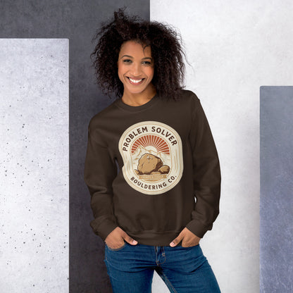 Problem Solver Bouldering Badge crewneck sweatshirt — Dark Chocolate, on model