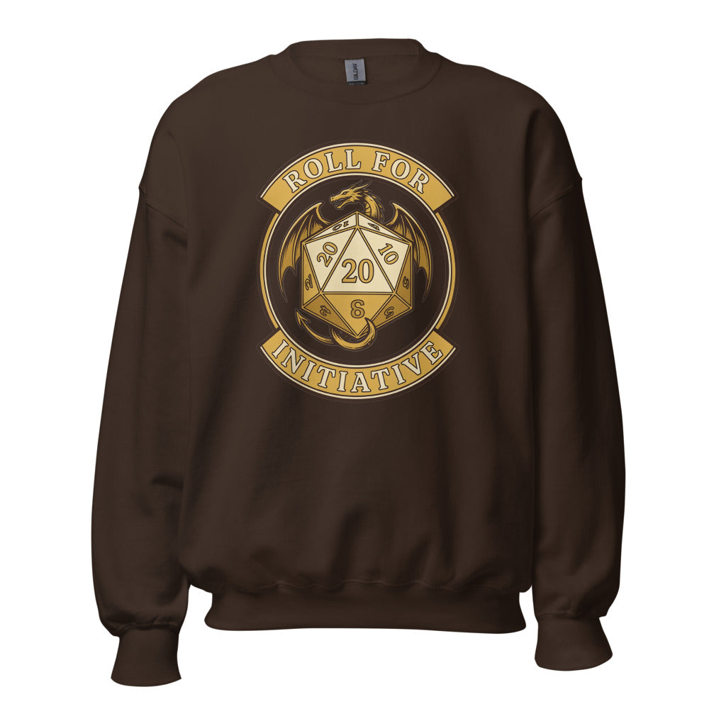 Roll For Initiative d20 dragon tabletop RPG crewneck sweatshirt — Dark Chocolate, front