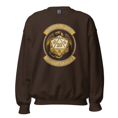 Roll For Initiative d20 dragon tabletop RPG crewneck sweatshirt — Dark Chocolate, front