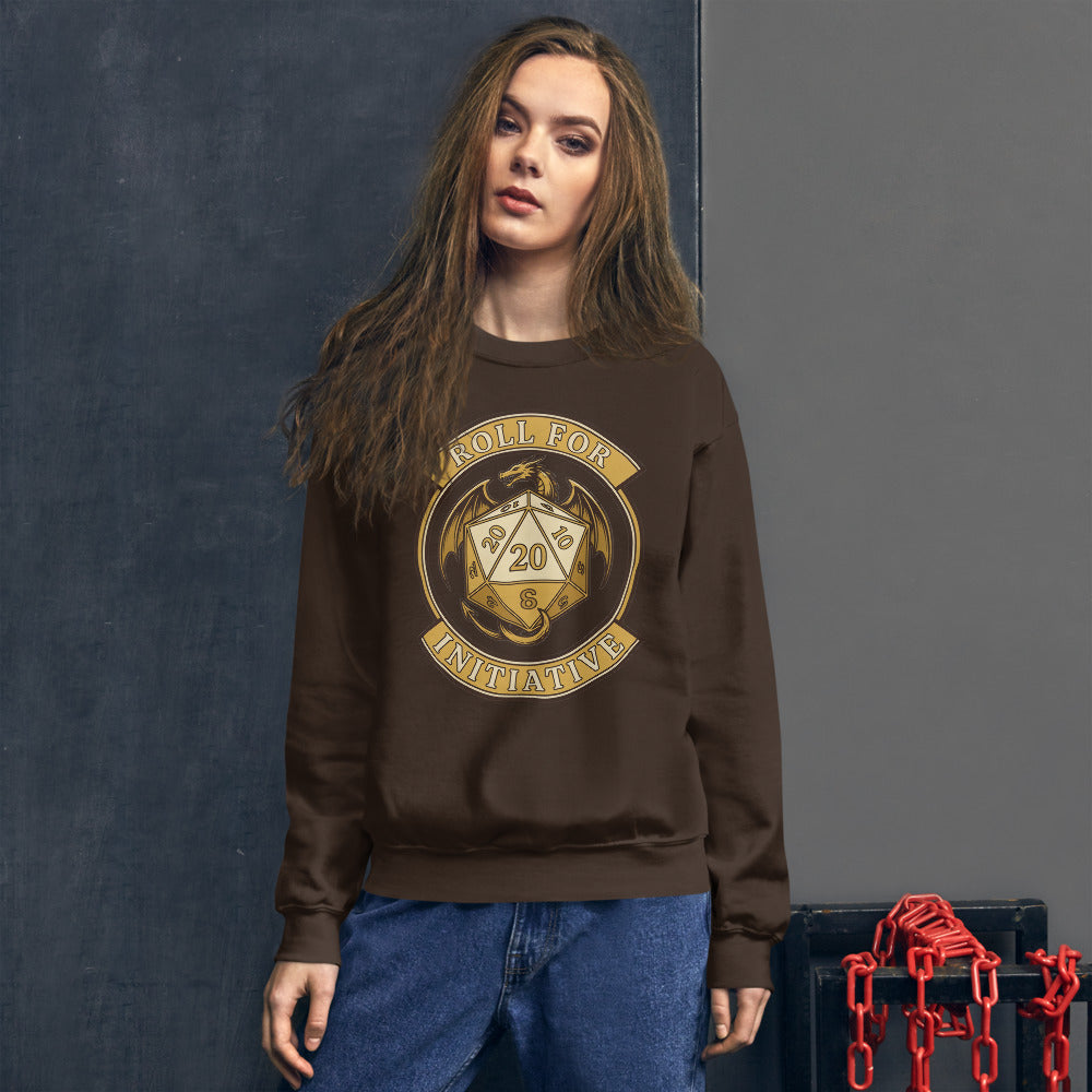 Roll For Initiative d20 dragon tabletop RPG crewneck sweatshirt — Dark Chocolate, on model