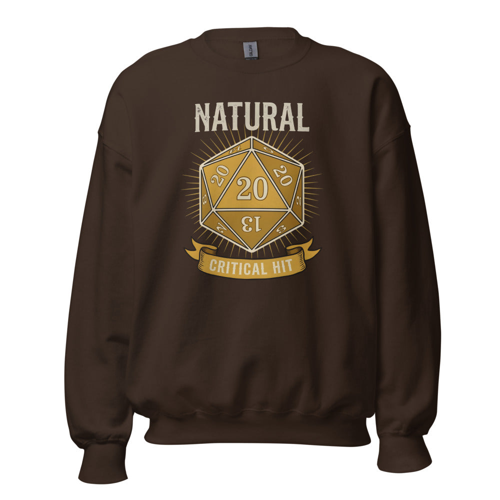Natural 20 critical hit d20 tabletop RPG crewneck sweatshirt — Dark Chocolate, front