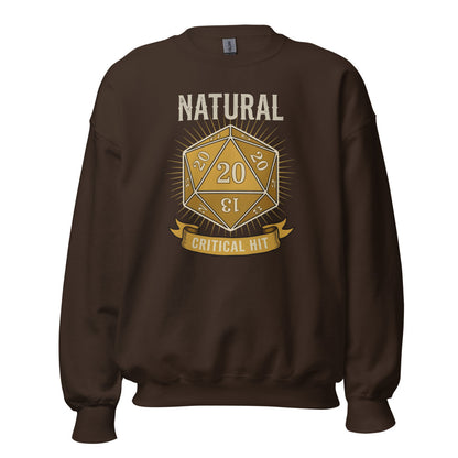 Natural 20 critical hit d20 tabletop RPG crewneck sweatshirt — Dark Chocolate, front