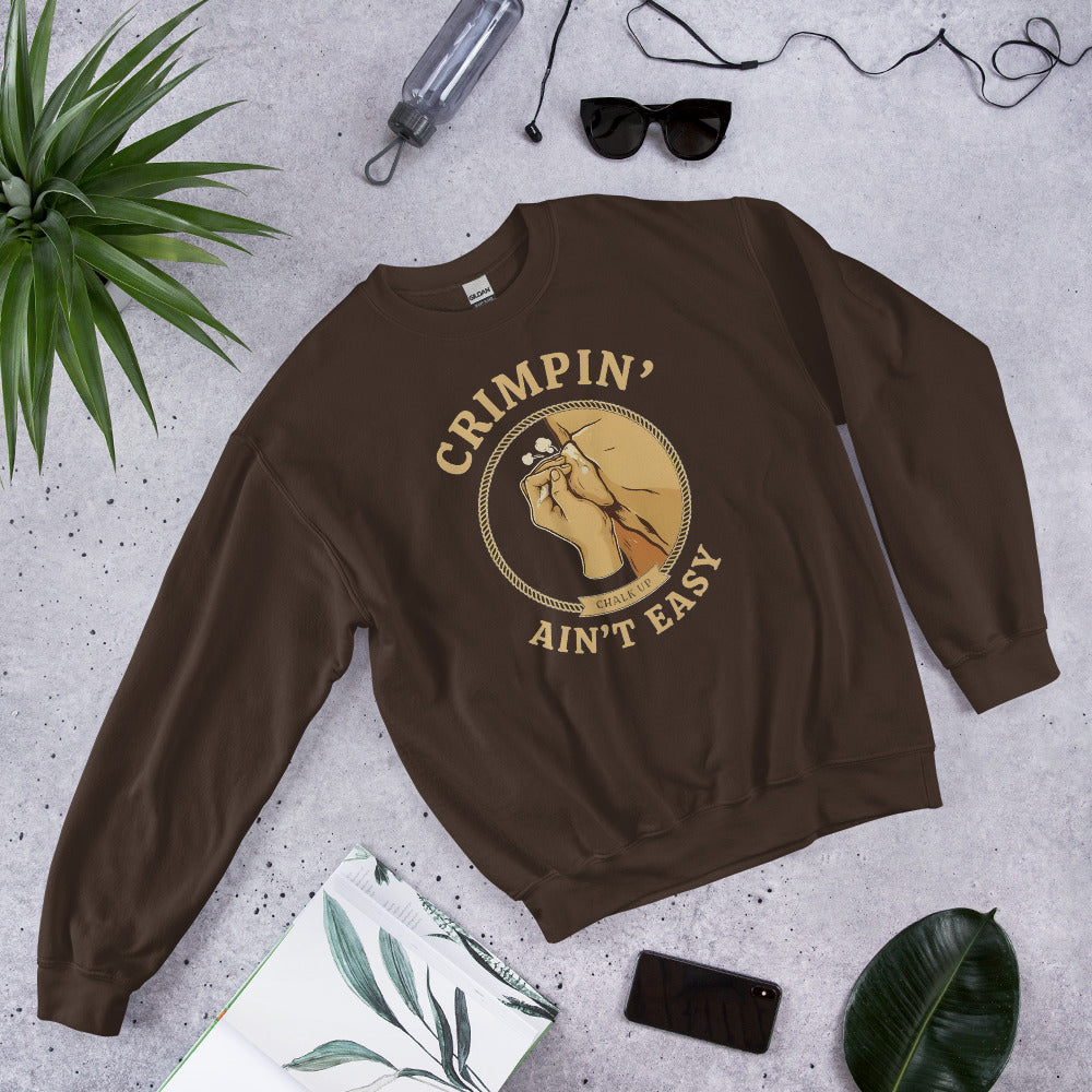 Crimpin' Ain't Easy bouldering badge crewneck sweatshirt — Dark Chocolate, front-right