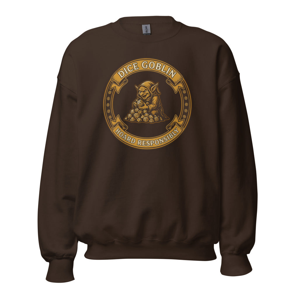 Dice Goblin Hoard Responsibly tabletop RPG crewneck sweatshirt — Dark Chocolate, front