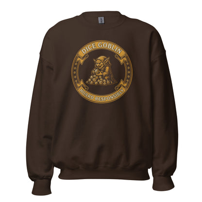 Dice Goblin Hoard Responsibly tabletop RPG crewneck sweatshirt — Dark Chocolate, front