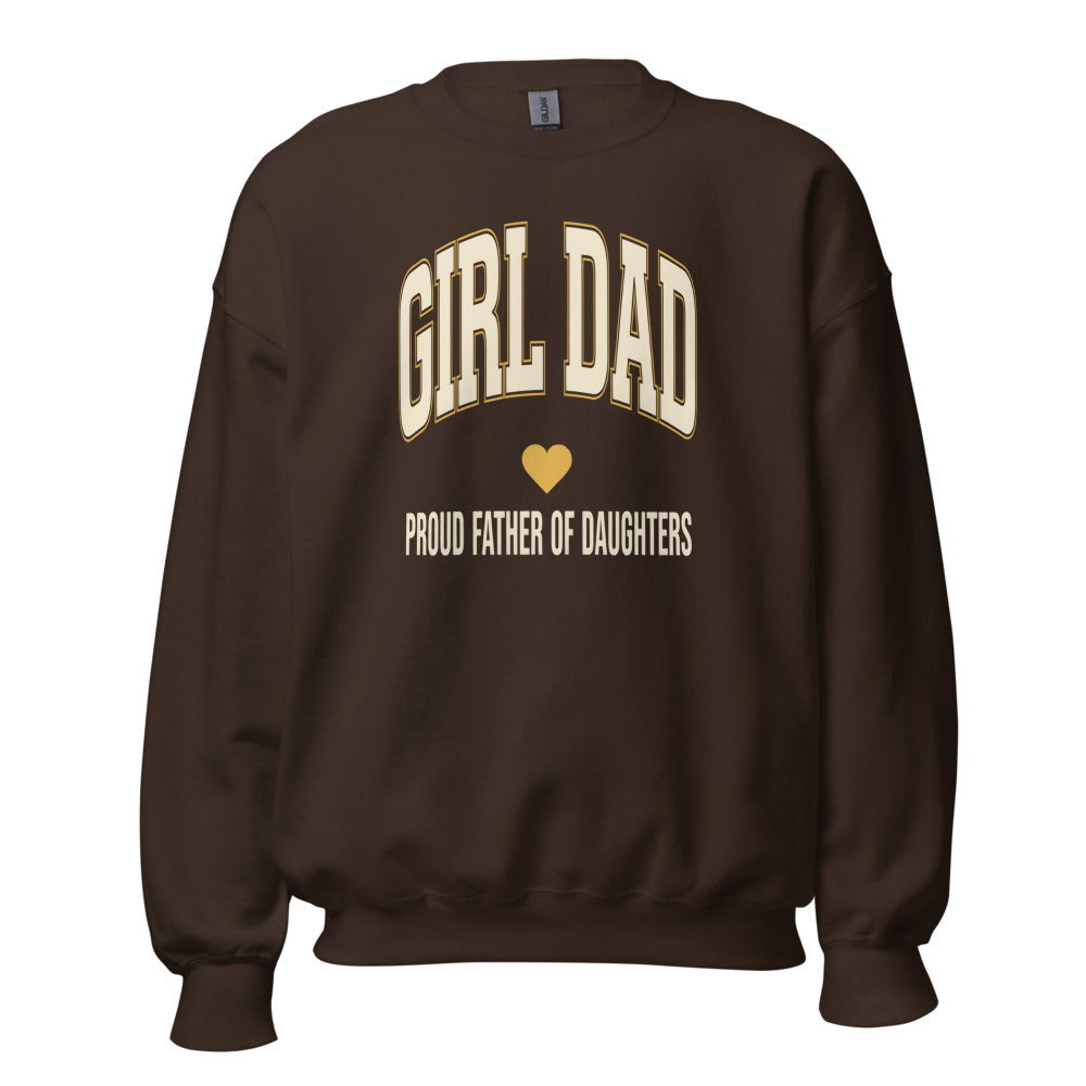 Girl Dad retro varsity crewneck sweatshirt — Dark Chocolate, front