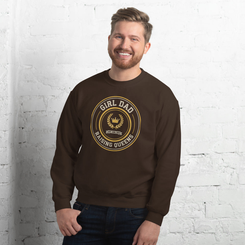 Girl Dad Raising Queens crest crewneck sweatshirt — Dark Chocolate, on model