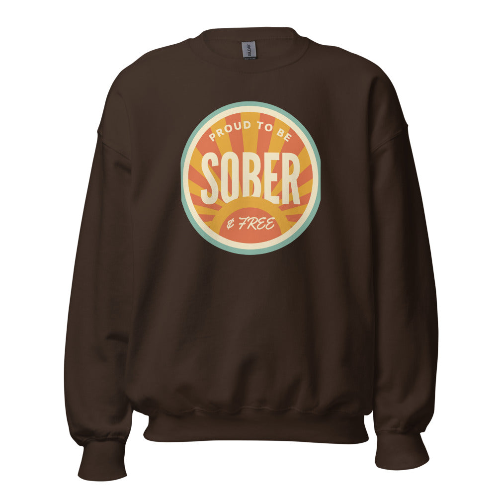 Sober & Proud retro sunburst crewneck sweatshirt — Dark Chocolate, front