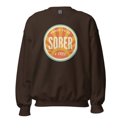 Sober & Proud retro sunburst crewneck sweatshirt — Dark Chocolate, front