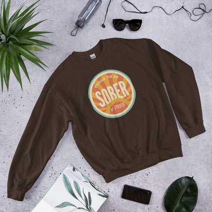 Sober & Proud retro sunburst crewneck sweatshirt — Dark Chocolate, front-right