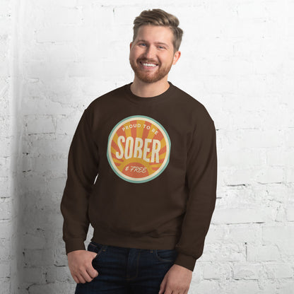 Sober & Proud retro sunburst crewneck sweatshirt — Dark Chocolate, on model