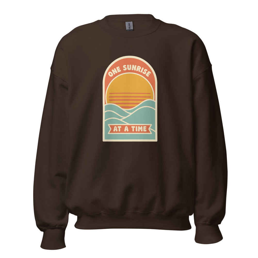 One Sunrise at a Time retro sunrise crewneck sweatshirt — Dark Chocolate, front