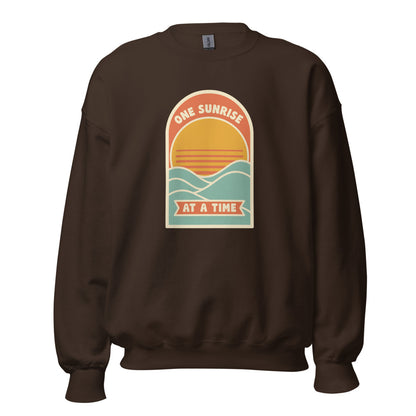 One Sunrise at a Time retro sunrise crewneck sweatshirt — Dark Chocolate, front
