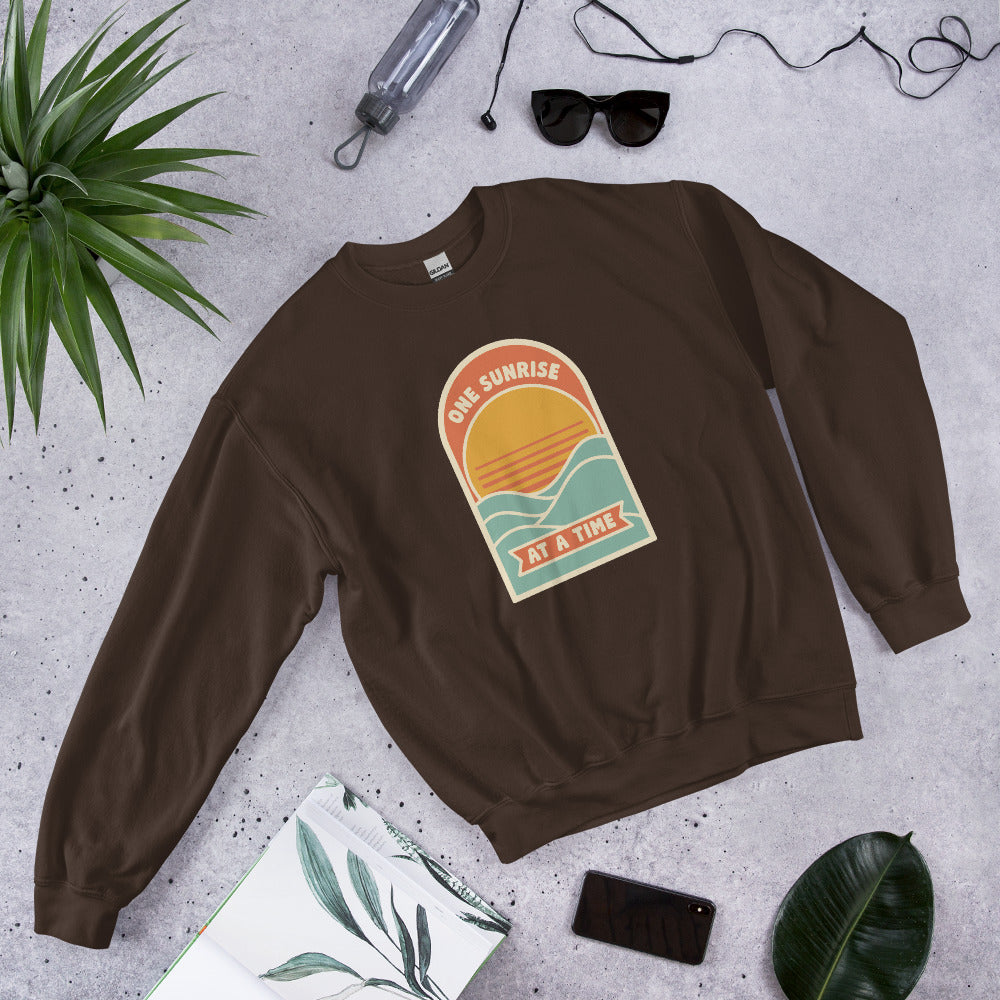 One Sunrise at a Time retro sunrise crewneck sweatshirt — Dark Chocolate, front-right