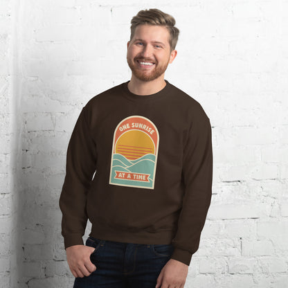 One Sunrise at a Time retro sunrise crewneck sweatshirt — Dark Chocolate, on model