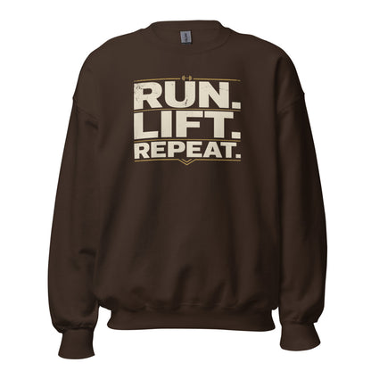 Run Lift Repeat vintage athletic crewneck sweatshirt — Dark Chocolate, front
