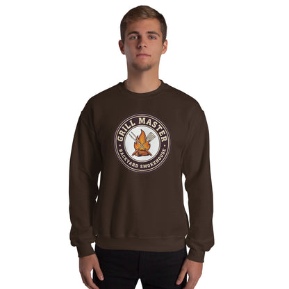 Grill Master retro backyard smokehouse crewneck sweatshirt — Dark Chocolate, on model