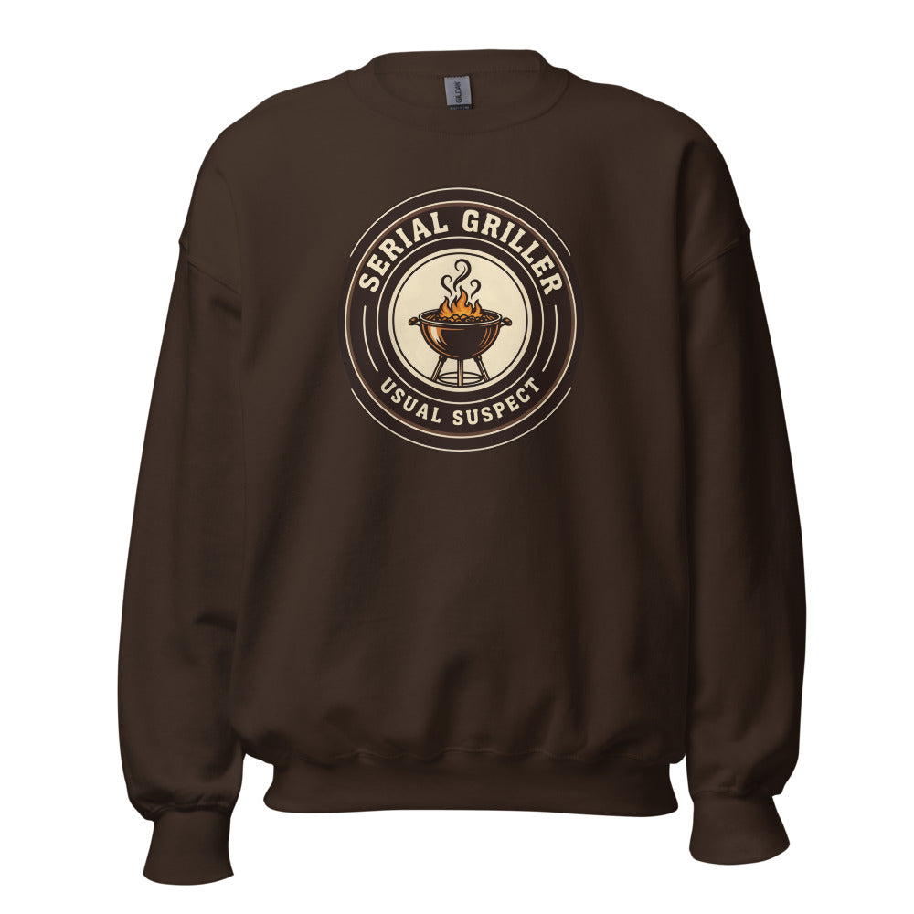 Serial Griller funny BBQ crewneck sweatshirt — Dark Chocolate, front